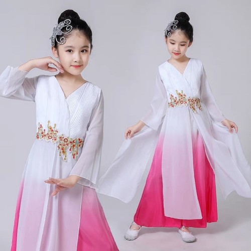 Girls children fairy Chinese folk dance costumes for children pink blue traditional classical yangko fan zheng performance dress